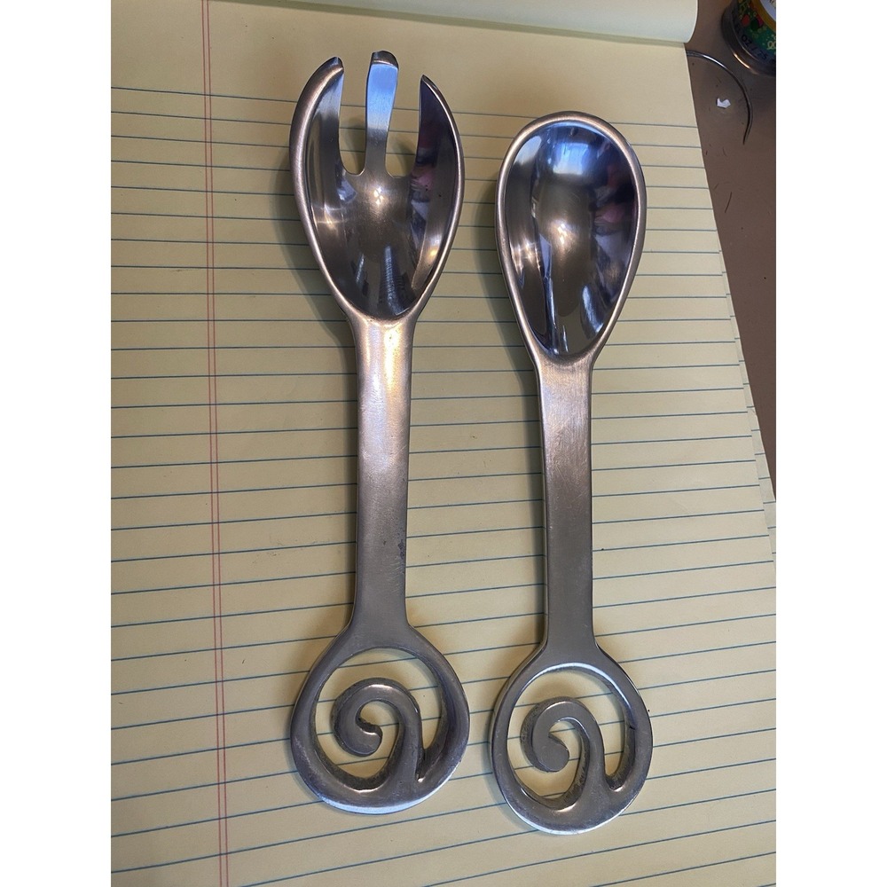 Aluminum Polished Swirl Spoon And Fork Serving Set 8" Salad Serving Utensil